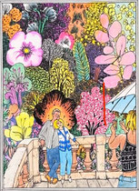 Dessin coloré de Frank Eric Zeidler montrant un couple posé dans un jardin luxuriant pendant qu’une amie les photographie — scène joyeuse et romantique sur le thème de l’amour et du partage, Galerie Gabel