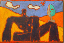 « Peinture contemporaine sur toile représentant des figures stylisées et un visage abstrait dans un paysage aux tons ocre, orange et bleu, art contemporain – Galerie Gabel, Biot