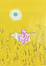 Dessin original de Frank Eric Zeidler montrant un couple rose enlacé dans un champ jaune sous un soleil éclatant — œuvre poétique sur l’amour et la nature, Galerie Gabel.