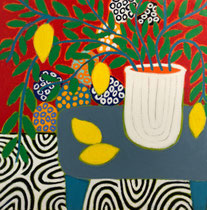 Peinture à l'huile de Gordon Hopkins représentant des citrons, un vase et des feuillages, aux aplats de couleurs bleu, rouge,  vert, noir et jaune– Galerie Gabel, sud de la France
