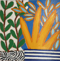 Peinture contemporaine de Gordon Hopkins représentant des plantes stylisées graphiques, aux aplats de couleurs bleu, orange et vert– Galerie Gabel, sud de la France