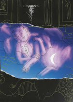 Dessin original de Frank Eric Zeidler représentant un couple endormi sous la lune, enveloppé de lumière violette et bleue — scène tendre et apaisée sur le thème de l’amour nocturne, Galerie Gabel.
