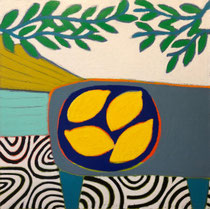 Peinture à l'huile de Gordon Hopkins représentant des citrons et des feuillages, aux aplats de couleurs bleu, vert, noir et jaune– Galerie Gabel, sud de la France