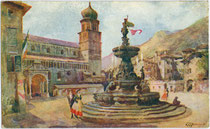 Fontana del Nettuno (Neptunbrunnen) auf der Piazza del Duomo (Domplatz) in Trento (Trient). Farbautotypie nach einem Original von Edoardo Marchioro (1885-1932), dat. 1914, Verlag Uff. Ref. Stampa, Milano.  Inv.-Nr. vu914fat00132