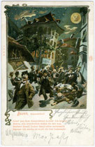 Karikatur mit Lobgedicht auf das „Batzenhäusl“ in Zwölfmalgreien, Viertel Zollstange (ab 1911 Stadtgemeinde Bozen).  Kombinationsfarbdruck 9 x 14 cm ohne Künstlersignatur; Impressum:  J(ohann). F(ilibert). A(monn). B(ozen). um 1907.  Inv.-Nr. vu914kfd0001