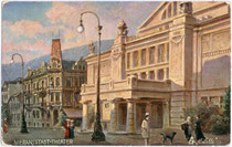 Stadttheater von Meran am Theaterplatz. Farbautotypie 9 x 14 cm nach Entwurf eines ungenannten Künstlers, Werbekarte für die Marke „Oilette“. Impressum: Raphael Tuck & Sons, Berlin um 1910.  Inv.-Nr. vu914fat00034