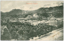Neue Villen des Innsbrucker Bürgertums im Stadtteil Saggen, darunter Villa St. Georg, Claudiastraße 7 (rechts im Bild). Lichtdruck 9 x 14 cm; Impressum: V. Fürruter, Innsbruck 1906.  Inv.-Nr. vu914ld00051