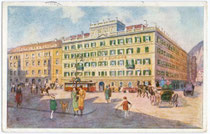 „Grand Hotel de l'Europe“, Südtiroler Platz 2. Farbautotypie 9 x 14 cm nach Entwurf eines anonymen Künstlers um 1925. Impressum: Wagner'sche Univ.-Buchdruckerei, Innsbruck.  Inv.-Nr. vu914fat00016