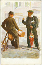 Bauer (rechts) aus Jenesien, bis 1919 Gerichtsbezirk Bozen, heute Bezirkgemeinschaft Salten-Schlern (rechts). Farbautotypie 9 x 14 cm nach einem Original von Adolf Kaspar (1877-1934). Impressum: Edit. Romberger, Olmütz um 1910.  Inv.-Nr. vu914fat00101
