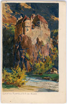 Burg RUNKELSTEIN an der Talfer in Wangen, Gemeinde Ritten. Chromolithographie 9 x 14 cm; Entwurf und Eigenverlag: M(ichael). Zeno Diemer um 1900.  Inv.-Nr. vu914clg00002