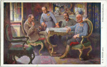 "Feldherren-Konferenz." v.l.n.r. wohl Rudolf Stöger-Steiner von Steinstätten, Conrad von Hötzendorf, Paul von Hindenburg und Ehzg. Friedrich. Farbautotypie 9 x 14 cm; Impressum: W.R.B. & Co., Wien III., nach Original von R.A. Höger Inv.-Nr. vu914fat00127