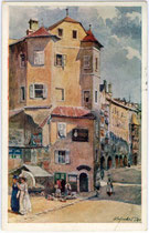 Weinhaus „Ottoburg“ am westlichen Eingang zur Altstadt, Herzog-Friedrich-Straße 1, Innsbruck. Farbautotypie 9 x 14 cm nach Original von Eduard Ferdinand Hofecker (1887-1938), Verlag Wilhelm Stempfle, Innsbruck 1911.  Inv.-Nr. vu914fat00017