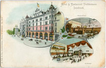 Hotel & Restaurant „Tochtermann“ in Innsbruck, Grenzstraße 3 (heute: Maximilianstraße) um 1895. Chromolithographie 9 x 14 cm; A. Trüb & Cie., Aarau u. Lausanne.  Inv.-Nr. vu914clg00016