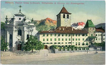 Benediktinerabtei Muri-Gries am Kaiser Franz Joseph Platz (heute: Grieser Platz 21), Bozen. Photochromdruck 9x14cm; Impressum: Lorenz Fränzl, München 1910-11.  Inv.-Nr. vu914pcd00031