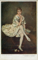"Die Tänzerin". Farbautotypie 9 x 14 cm nach einem Original von Camilla Bukowska (Lebensdaten unbekannt). Impressum: Wiener Volkskunst um 1910.  Inv.-Nr. vu914fat00116