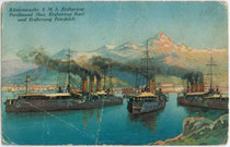 Küstenwache S(einer). M(ajestät). S(chiffe). Erzherzog Ferdinand Max, Erzherzog Karl und Erzherzog Friedrich". Farbrastertiefdruck 9 x 14 cm nach einem Original ohne Künstlersignatur. Inv.-Nr. vu914frt00001