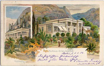 Kurhaus der Marktgemeinde Gries (1925 nach Bozen eingemeindet), um 1900.  Chromolithographie 9 x 14 cm. Hirschmann, München;  Druck u. Verlag Otto W. Kauffmann, Leipzig.  Inv.-Nr. vu914clg00015