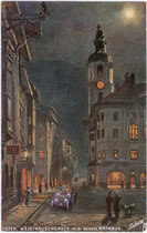 Rathaus im neobarocken Baustil von 1907 am Rathausplatz Ecke Weintraubengasse in Bozen. Farbautotypie 9 x 14 cm nach Original eines anonymen Künstlers. Impressum: Raphael Tuck & Sons, Berlin um 1910.  Inv.-Nr. vu914fat00031
