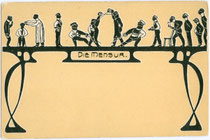 Kunstgraphische Darstellung von Stationen einer Mensur, platziert auf einem Tisch im Jugendstil mit Blankofläche als Schriftfeld. Chromolithographie 9 x 14 cm; Impressum: D. T. C., L. (?) um 1900.  Inv.-Nr. vu914clg00039