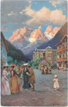 Hotelkolonie Landro (Gemeinde Toblach) im Höhlensteintal an der Großen Dolomitenstraße (1407 m.) mit Cristallin (2786 m). Farbautoypie 9 x 14 cm. Entwurf: R(udolf). A(lfred). Höger (1877-1930) 1909.  Inv.-Nr. vu914fat00021