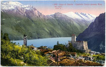 Tenno mit Castello di Tenno gegen Riva, Gardasee und Monte Baldo. Photochromdruck 9 x 14 cm; Impressum: Edition Photoglob, Zürich.  Inv.-Nr. vu914pcd00063