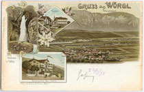 Wörgl, Bezirk Kufstein, Tirol mit Hauptplatz, Bad Eisenstein und Panorama auf Mehrbildkarte. Chromolithographie 9 x 14 cm; Impressum: Verlag Alex(ander). J. Klein, Wien um 1895.  Inv.-Nr. vu914clg00022