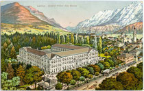 "Grand Hotel des Bains" in Levico Terme, Valsugana, ehem. Bezirk Borgo, Gefürstete Grafschaft Tirol (heute Comunità C4 Alta Valsugana e Bersntol, Provincia di Trento, Italien). Photochromdruck 9 x 14 cm ohne Impressum, um 1910.  Inv.-Nr. vu914pcd00311