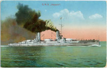 Großlinienschiff S.M.S. "Kaiserin" der Kaiserlichen Marine (Seestreitkräfte des Deutschen Reichs 1872 - 1918), indienstgestellt 1913. Kombinationsfarbdruck 9 x 14 cm; Impressum: Verlag. Alb. Rosenthal, Bremen; postalisch befördert 15.9.1918.  Inv.-Nr. vu9