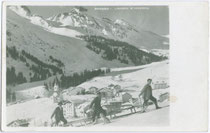 Einholen von Raufutter mit Ziehschlitten in Arabba, Gde. Livinallongo del Col di Lana (vorm. Pieve di Livinallongo; ladin. Fodom, dt. Buchenstein). Gelatinesilberabzug 9 x 14 cm; Impressum: G. Ghedina, Cortina d'Ampezzo um 1925.  Inv.-Nr. vu914gs00168