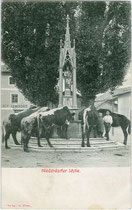 Bauernkinder beim Tränken von Fleckvieh, Pustertaler Sprinze und Fohlen beim Marienbrunnen in Niederdorf im Pustertal, Südtirol. Lichtdruck 9 x 14 cm; Verlag G. Ebner ohne Ortsangabe; postalisch befördert 1907.  Inv.-Nr. vu914ld00218