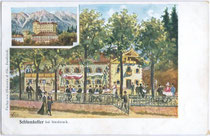 Kaffeehaus Restaurant SCHLOSSKELLER (heute Burghauptmannschaft vom Schloss AMBRAS), Besitzer: Alois Munaretto, Schlossstraße16, Innsbruck-Amras. Farbautotypie 9x14cm; Impressum: Verlag Ohnewein & Cie., Innsbruck um 1900.  Inv.-Nr. vu914fat00073