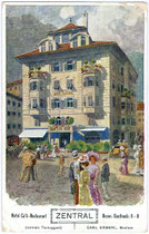 Hotel Café Restaurant "Zentral" in Bozen, Goethestraße 6 (heute Restaurant Forsterbräu Central). Farblichtdruck 9 x 14 cm; Entwurf: Reisch, Meran um 1900.  Inv.-Nr. vu914fld00007
