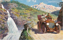 Mit einem Personenkraftwagen der Bauart Phaeton unterwegs auf einer Alpenstraße. Farbautotypie 9 x 14 cm nach einem Original eines anonymen Künstlers. Impressum: Verlag Krauss & Co., Metz undTübingen um 1910.  Inv.-Nr. vu914fat00036