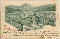 Das „Josefshaus“, Konvikt adeliger Studenten in Innsbruck, Universitätsstraße 8 um 1900 (ehemals Ansitz Wolfsthurn) und der Gebäudekomplex des Jesuitenordens . Lichtdruck 9 x 14 cm; Verlag Johann Graf, Regensburg.  Inv.-Nr. vu914ld00057