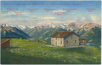 Ehem. Kaiser-Franz-Joseph-Schutzhütte (erbaut 1887) auf 1.946 m.ü.A. gegen die Stubaier Alpen (heute Patscherkofelhaus des Österr. Alpenvereins ÖAV). Photochromdruck 9 x 14 cm; Impressum: Wilhelm Stempfle, Innsbruck um 1913.  Inv.-Nr. vu914pcd00329
