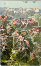 Dolomiten zwischen Toblach und Cortina d'Ampezzo. Photochromdruck 9 x 14 cm nach Original eines anonymen Illustrators; Impressum: Edition Photoglob Zürich um 1905.  Inv.-Nr. vu914pcd00261