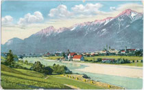 Ansitz Scheibenegg mit Getreidekasten in der Unteren Lend von Hall in Tirol. Photochromdruck 9 x 14 cm; Impressum: Ferd(inand). Tschoner, Innsbruck; postalisch gelaufen 1912.  Inv.-Nr. vu914pcd00141