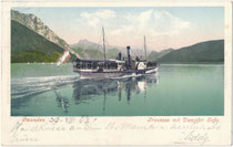Seitenraddampfer "Sofie" (gewidmet der Mutter von Kaiser Franz Joseph I.) der Traunsee-Schifffahrt, erbaut 1848 von John J. Ruston mit Antrieb von Boulton & Watt. Photochromdruck 9 x 14 cm; Impressum: F. E. Brandl, Gmunden um 1900.  Inv.-Nr. vu914pcd00362