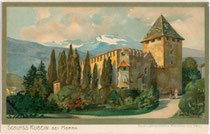 Burg RUBEIN in der Christomannosstraße 38 in Obermais. Chromolithographie 9 x 14 cm; Entwurf: M(ichael). Zeno Diemer um 1900.  Inv.-Nr. vu914clg00008
