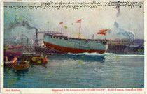 Stapellauf S(einer). M(ajestät). Schlachtschiff "Tegetthoff" der k.u.k. Kriegsmarine im Stabilimento Tecnico Triestino, Muggia am 21.3.1912. Farbautotypie 9 x 14 cm nach einem Original von Alexander Kircher (1867-1939).  Inv.-Nr. vu914fat00120