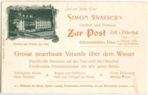 Simon Strasser's Gasthof „zur Post“ in Zell am Ziller. Illustrierte Empfehlungskarte, Lichtdruck 9 x 14 cm; Impressum: L(orenz). Fränzl & Co., München um 1900. Inv.-Nr. vu914ld00053