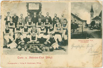 "Turn- u. Athleten-Club Wörgl." Zweiteilige Mehrbildkarte mit Mannschaftsbild und Abbildung vom Clublokal. Lichtdruck 9 x 14 cm; Impressum: R(aimund). Haselberger, Wörgl um 1900.  Inv.-Nr. vu914ld00268