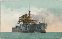 Schlachtschiff "Nebraska" BB 14 der Virginia-Klasse, 1907-1923 im Dienst bei der U.S.N. (United States Navy). Kombinationsfarbdruck 9 x 14 cm; Impressum: Edward H. Mitchell Publisher, San Franciso; postal. befördert 1908.  Inv.-Nr. vu914kfd00054