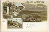 Mehrbildkarte von Wörgl, Bezirk Kufstein, Tirol: Panorama von Süden, Hauptplatz und Bad Eisenstein. Chromolithographie 9 x 14 cm; Impressum: Verlag Alex(ander). J. Klein, Wien um 1895.  Inv.-Nr. vu914clg00022