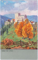 Schloss Itter am Eingang ins Brixental im Herbst. Farbautotypie 9 x 14 cm ohne Impressum nach einem Entwurf eines anonymen Künstlers um 1900.  Inv.-Nr. vu914fat00066