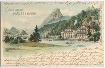 Gasthof "zur Klause" in Zell, Stadtgemeinde Kufstein. Chromolithographie nach Original von Paul Auer. Impressum: Art(istische). Ges(ellschaft). Münchener Chromolith(ographische). Kunstanstalt um 1895.  Inv.-Nr. vu914clg00031