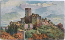 Burg Hocheppan in Missian, Gemeinde Eppan, Südtirol. Farbautotypie 9 x 14 cm; Entwurf: Rudolf Alfred Höger (1877-1930); Verlag Joh(ann). F(ilibert). Amonn, Bozen 1926.  Inv.-Nr. vu914fat00009