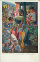 "Abschied der Tiroler Landesschützen vom Heimatsdorf". Farbautotypie 10 x 15 cm nach einem Original von Rudolf Alfred Höger 1915. Impressum: W. R. B. & Co., Wien III.  Inv.-Nr. vu105fat00025