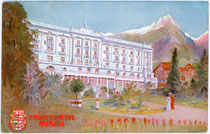 „Palast-Hotel“ in Untermais, Stadt Meran (eröffnet 1906). Farbautotypie 9 x 14 cm nach einem Original von Artur Nikodem (1870  – 1940). Impressum: Pötzelberger, Buch- und Kunstdruckerei in Meran um 1910.  Inv.-Nr. vu914fat00043
