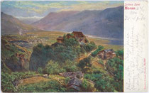 Schloss Tirol vor dem Wiederaufbau gegen Ende 19. Jh., Farbautotypie 9 x 14 cm nach Original eines anonymen Künstlers; Impressum: Römmler & Jonas, Dresden um 1900.  Inv.-Nr. vu914fat00051